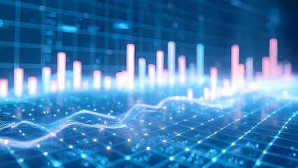 Abstract neon financial chart with glowing bars showing market analytics and futuristic data interface