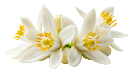 Closeup of delicate white orange blossom flowers with yellow stamens isolated on transparent background