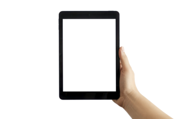 Hand holding a modern tablet device with a blank white screen isolated on transparent background