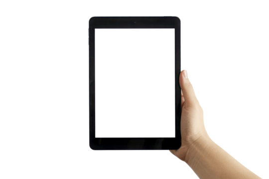 Hand holding a modern tablet device with a blank white screen isolated on transparent background