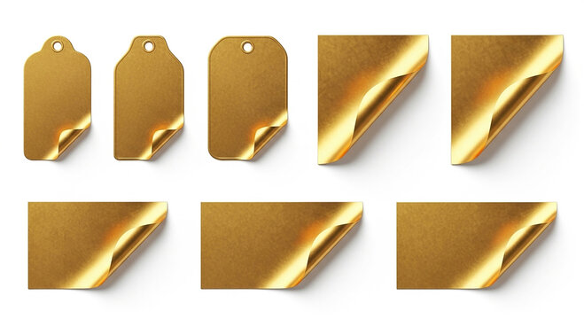 Gold tags and paper sheets with curled corners on white.