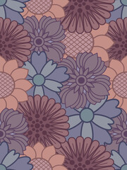 Seamless pattern of stylized floral shapes in muted purple peach brown and soft blue Decorative retro flower design