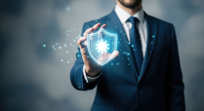 Businessman offering a digital shield with virus illustration