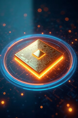 A glowing, golden computer processor, centrally positioned, emitting light within a digital circuit.