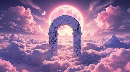 abstract dreamy landscape with giant marble arch, huge moon and cloudy sky in pink tones. Surreal scene, fantasy aesthetic place