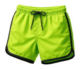 Neon green swim shorts featuring black trim and an adjustable waist.