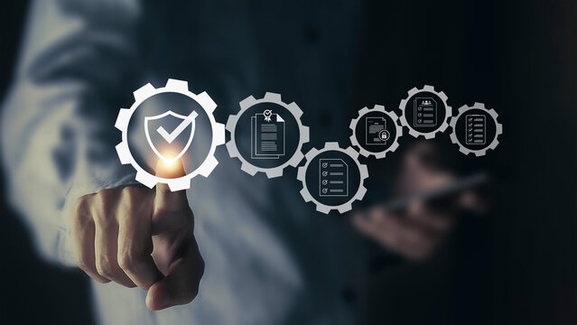 Digital document approval checklist on laptop screen. Productivity and business technology concept. Document validity management and online surveys. Enterprise business technology.