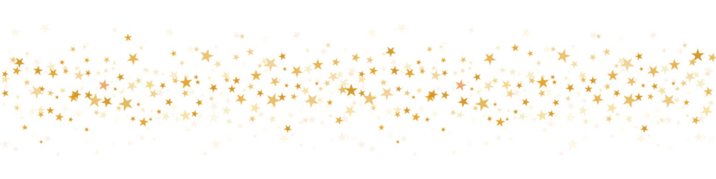 Gold stars vector background, sparkling Christmas confetti border, falling sparkles isolated on white. Shining flying stars glitter backdrop,