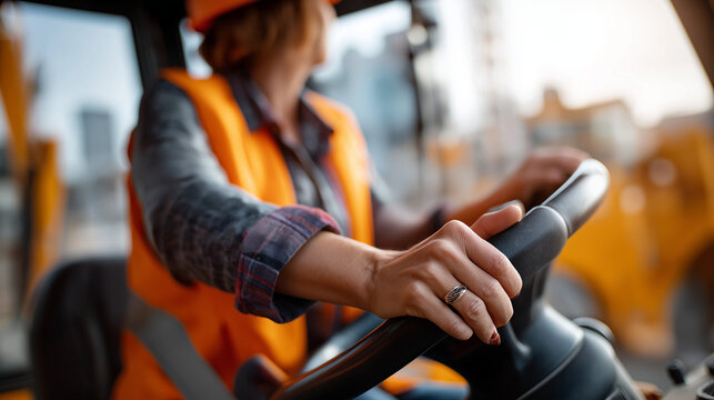 Low angle perspective of faceless female operator's torso driving heavy construction equipment hands on controls visible defocused construction site through cabin window woman