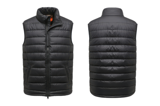 Front and back view of a black puffer vest isolated on transparent background