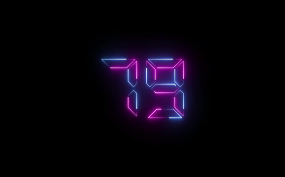 Neon seventy nine number display glowing with blue and pink outlines on a dark black background