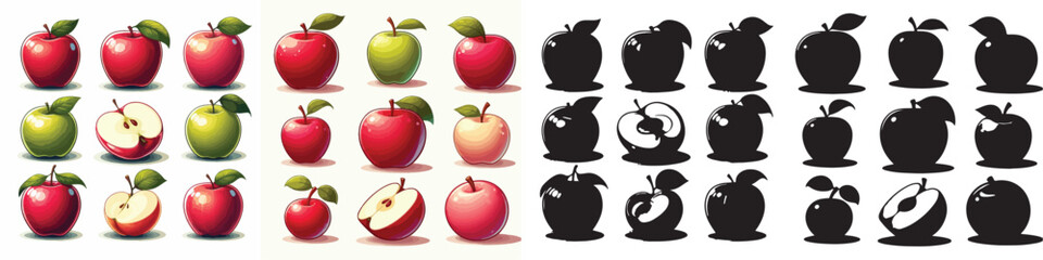 Set of vector and shilhouttes images of apple fruit on a white background