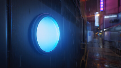 Obraz premium Illuminated porthole on a dark wall with blurry city lights in the background