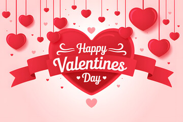 "Happy Valentine’s Day Heart Balloons Typography Design on Red Background – Romantic Love Greeting Card Vector"