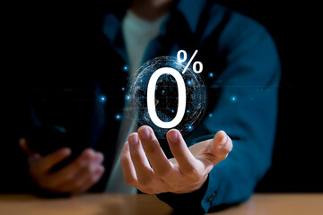 Businessman holding zero percent or 0 percent sign for special offer and discount concept, interest rate, installment, promotion, marketing, sales boost.