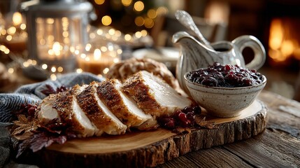 Roast turkey breast sliced on a wooden board, cranberry sauce in small bowl. Warm festive Thanksgiving atmosphere with soft bokeh