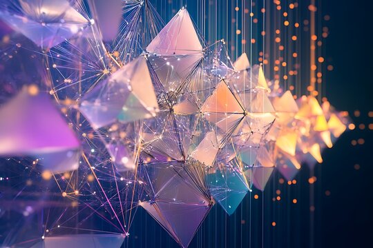 Abstract geometrical shapes with connecting lines and glowing dots against dark blue background