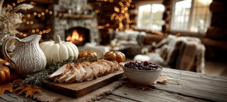 Sliced roast turkey breast on a wooden board with cranberry sauce. Cozy living room with a fireplace. Wide banner with copy space - Powered by Adobe