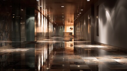Modern hallway with reflective floor and warm lighting