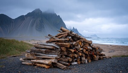 A seaside scene with a pile of timber in front of a jagged mountain range