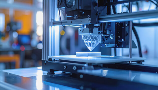 Close-up of a 3d printer highlighting complex components and features with generous copy space for text or graphics