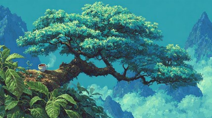 A serene and tranquil painting of a majestic, ancient tree on a mountain cliff, offering a peaceful moment with a cup of coffee or tea