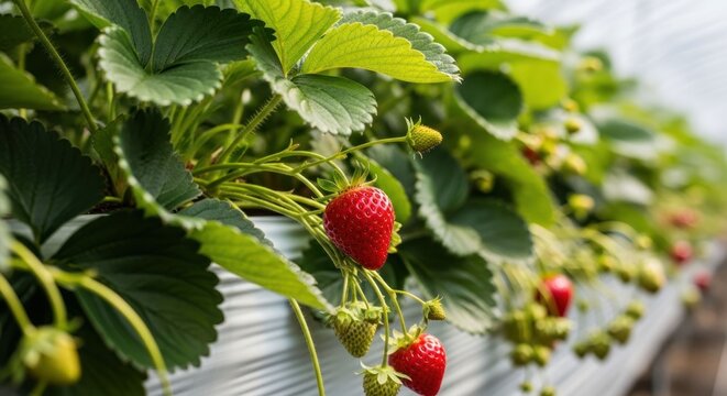 Close-up of ripe strawberries on a leafy plant, growing in a greenhouse
