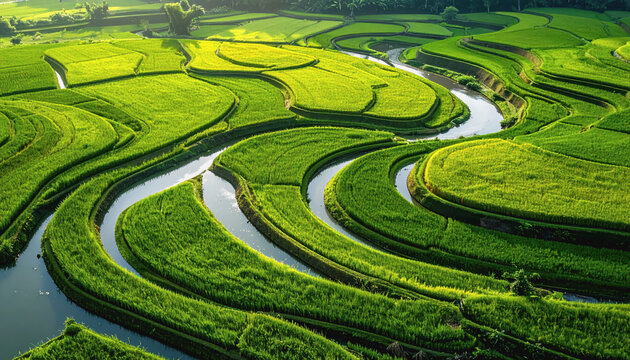 Breathtaking aerial view of rice terraces in the countryside showcasing natural patterns and open space for text area