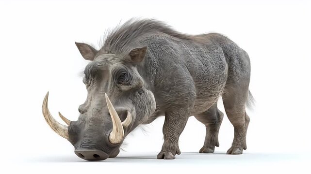 Warthog Standing Proudly on White Background, Isolated Animal.