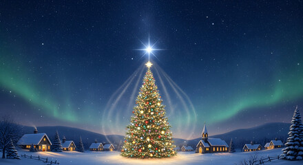 Experience the magic of Christmas tree under a breathtaking starry sky in a peaceful snowy village, perfect for holiday promotions and winter campaigns.