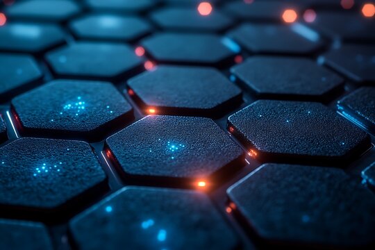 Abstract honeycomb texture with glowing blue particles and bright orange accents for tech products - Powered by Adobe