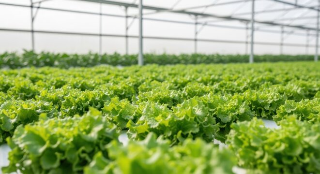 Close-up of rows of vibrant green lettuce in a sunlit greenhouse