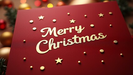 close red greeting card words merry christmas written gold cursive font card placed wooden surface small gold stars scattered around background blurred appears christmas tree red gold ornaments