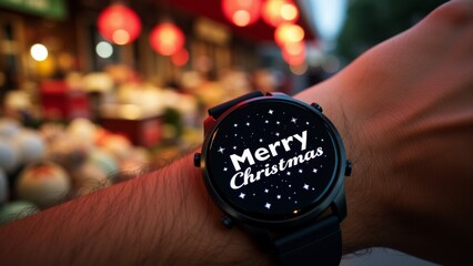 Fototapeta premium person wrist black smartwatch watch has round face white text reads merry christmas festive font background blurred appears busy street shops christmas decorations person hand visible watch resting