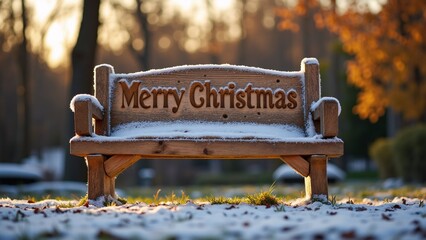 wooden bench covered snow bench center has words merry christmas written cursive font background blurred appears park wooded area trees bushes sky orange yellow indicating either sunrise sunset
