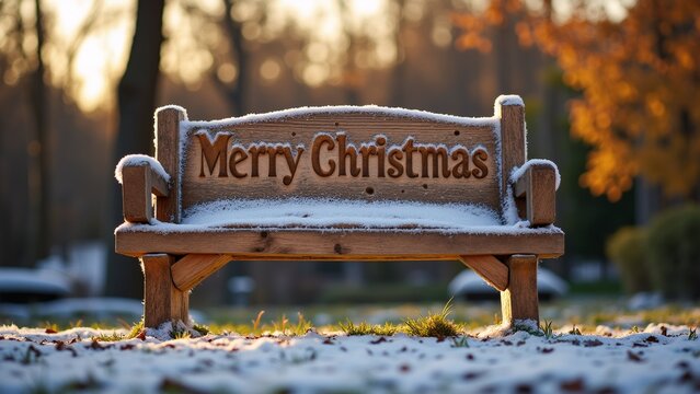 wooden bench covered snow bench center has words merry christmas written cursive font background blurred appears park wooded area trees bushes sky orange yellow indicating either sunrise sunset - Powered by Adobe