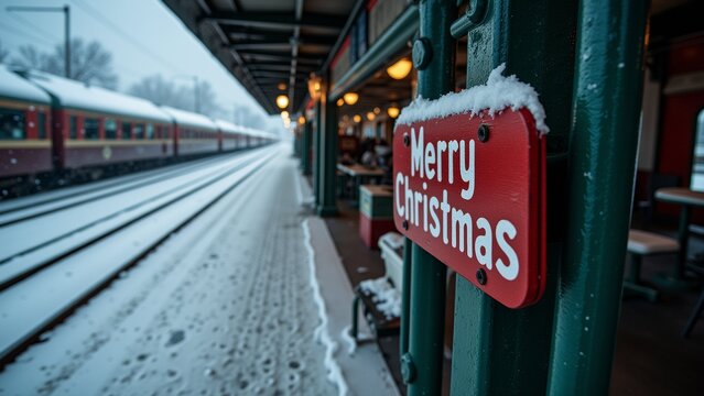 train station platform covered snow right side red sign words merry christmas written white letters sign attached green metal pole covered layer snow background two red train cars parked tracks sky - Powered by Adobe