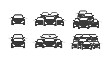 Collection of car icons showing traffic congestion isolated on white background