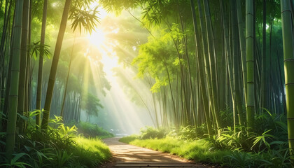 Obraz premium Enchanting bamboo forest with sunlight shining through tall trees creating a beautiful natural scene ideal for peace