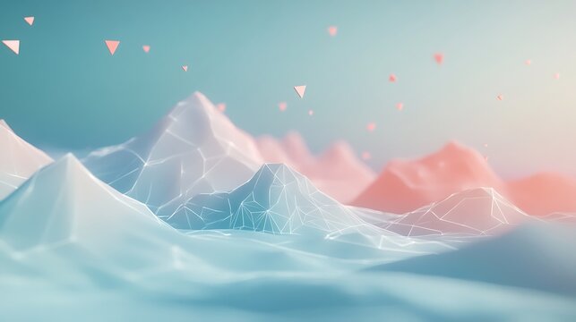 Abstract lowpoly landscape with white mountains, triangular elements, and soft pastel color palette