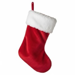 Red christmas stocking with white trim isolated on white background