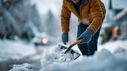 Faceless person's back and arms shoveling heavy snow accumulation defocused winter storm landscape snow removal effort cold weather manual labor winter cleanup residential are