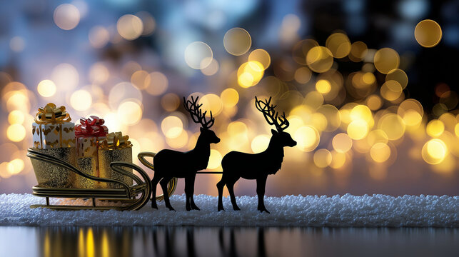 Faceless silhouettes and softly glowing reindeer standing near a sleigh full of gifts, snowy bokeh in the background, with copy space.