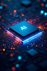 Close-up of a computer chip with "AI" text, surrounded by a circuit board with glowing blue and orange lights.