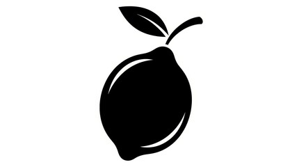 Black silhouette of a lemon with a leaf, isolated on white background
