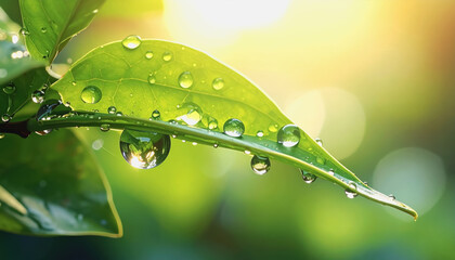 Macro close-up of leaf surface bejeweled with water droplets against a softly blurred background highlighting nature