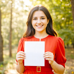 Smiling young woman in a red dress holding a blank white sign outdoors in a sunny park, perfect for custom text or promotional messages