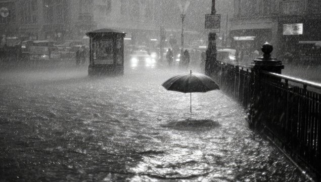 Fototapeta A black and white photo of a rain-soaked city street, with an umbrella resting on a flooded area