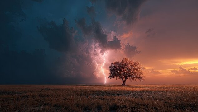 Dramatic landscape of a solitary tree illuminated by a lightning strike during a storm