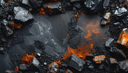 Top view of a pile of black and orange rocks exhibiting striking contrast and unique texture for design background